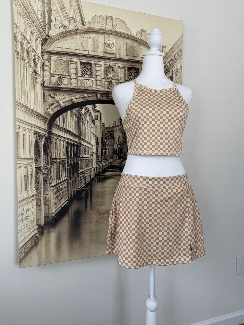Like New Checkerboard Halter Crop Top & Skirt Set - Beige - Picture 6 of 16